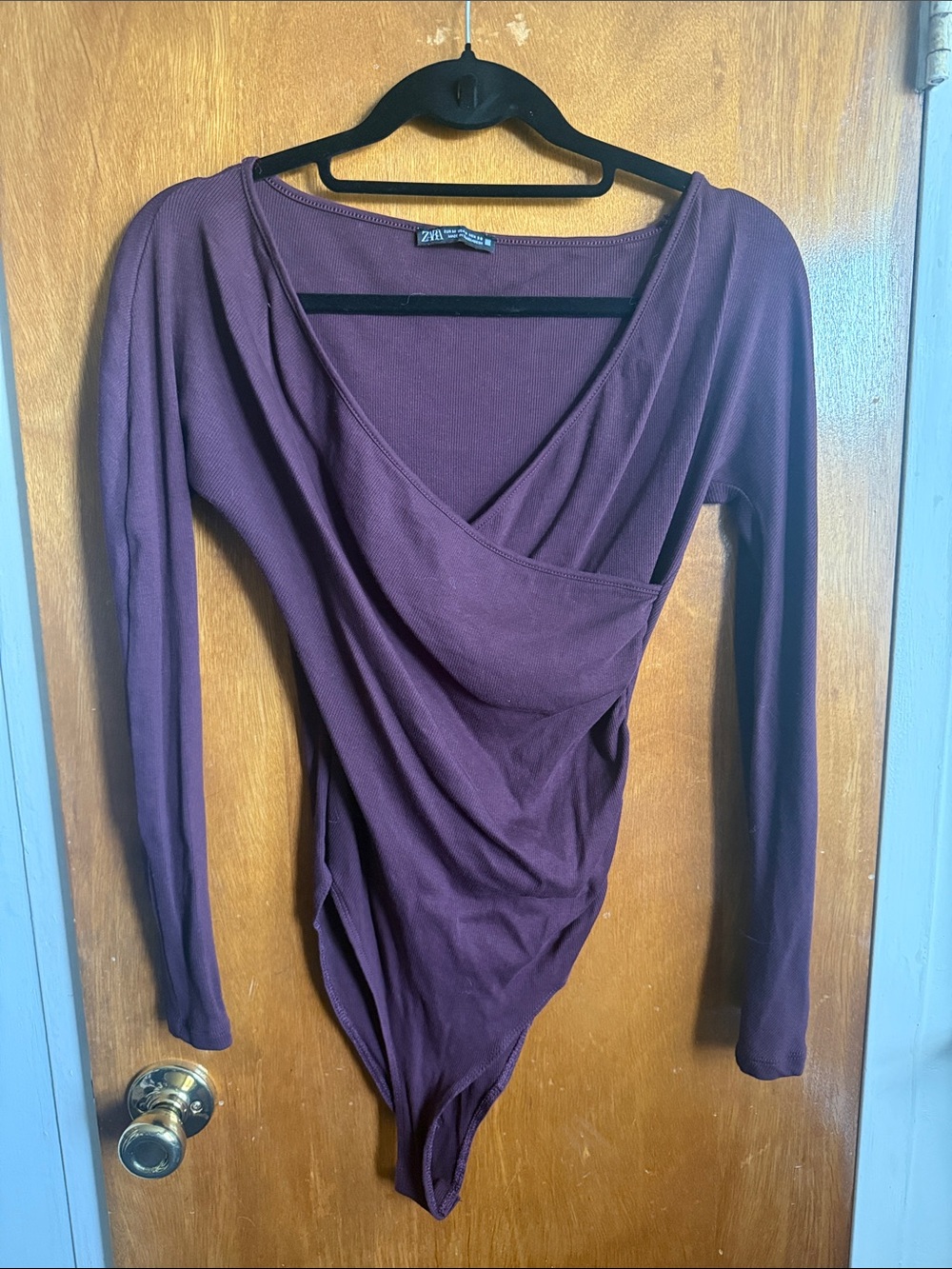 Zara Plum Wrap-Style Long Sleeve Bodysuit
